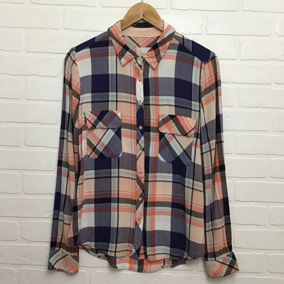 GUESS Plaid Button Down Shirt Women’s Small Ecru Pink Blue Peach Rayon Blend - Picture 10 of 11